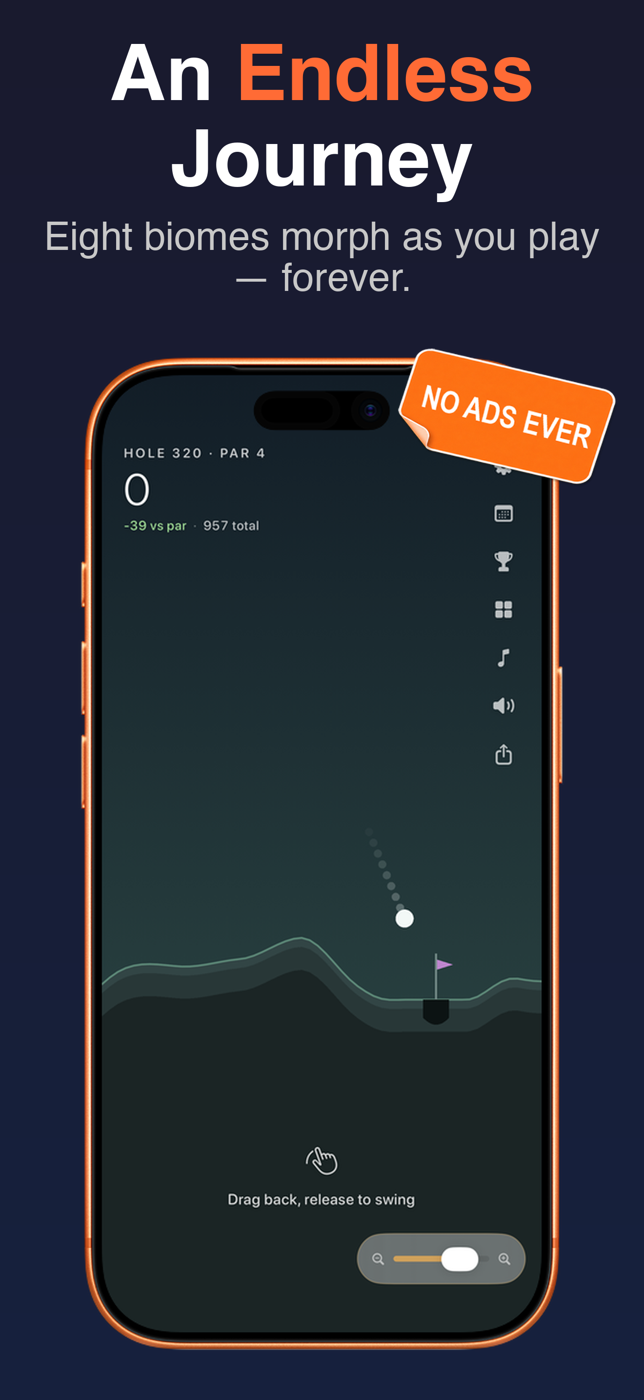 Hole 320 at night — eight biomes morph as you play, forever