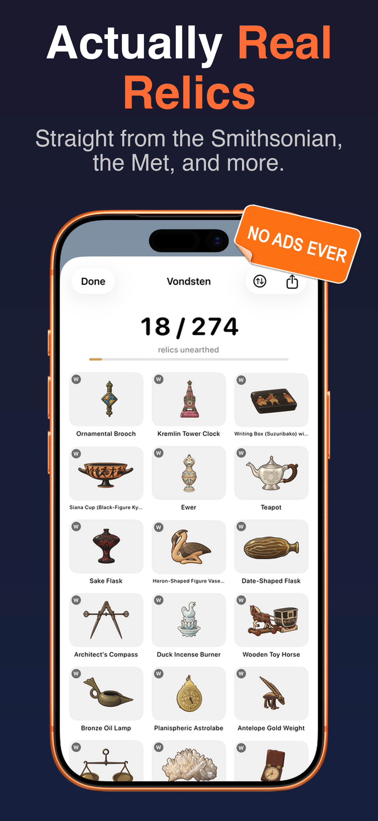 Relic collection screen — 11 of 74 hidden finds unearthed