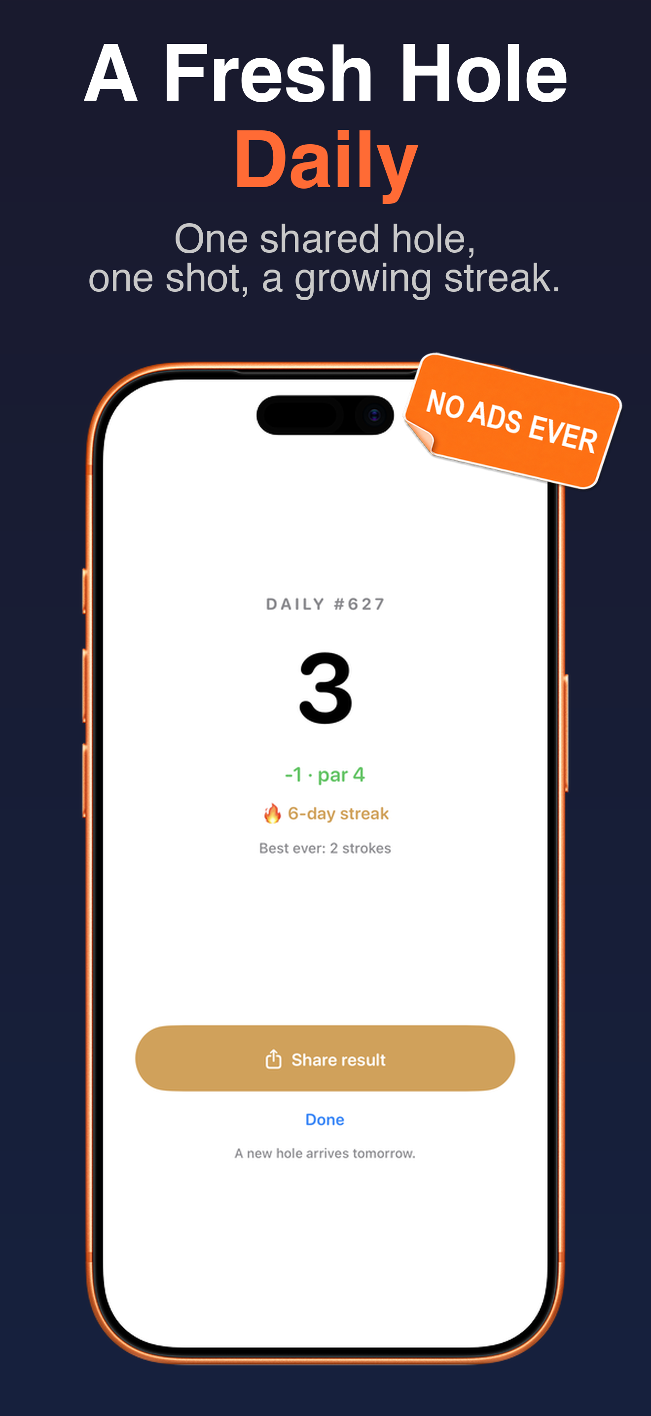 Daily Hole result screen showing a 6-day streak