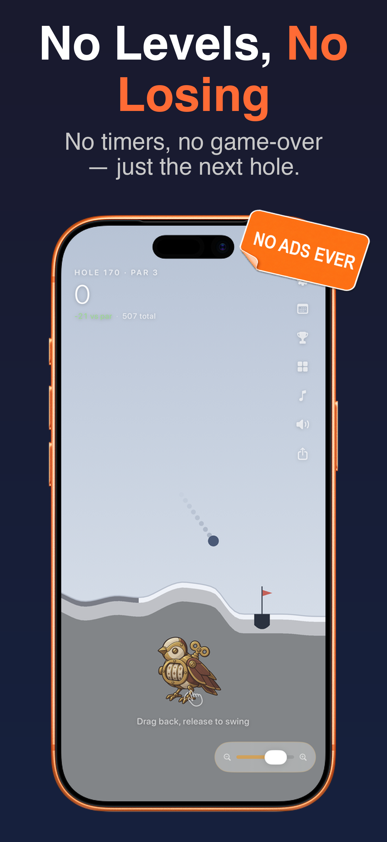 Hole 170 in a gray coastal biome — no timers, no game over