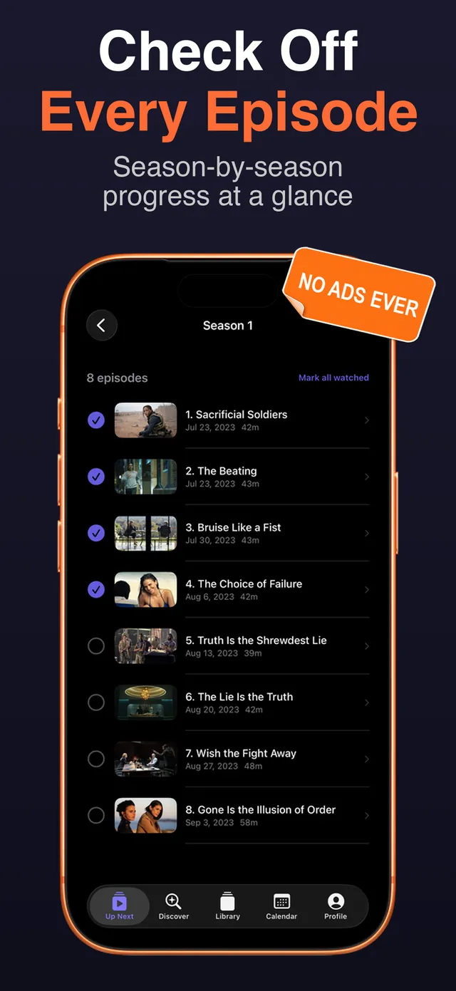 Season episode checklist with progress — check off every episode